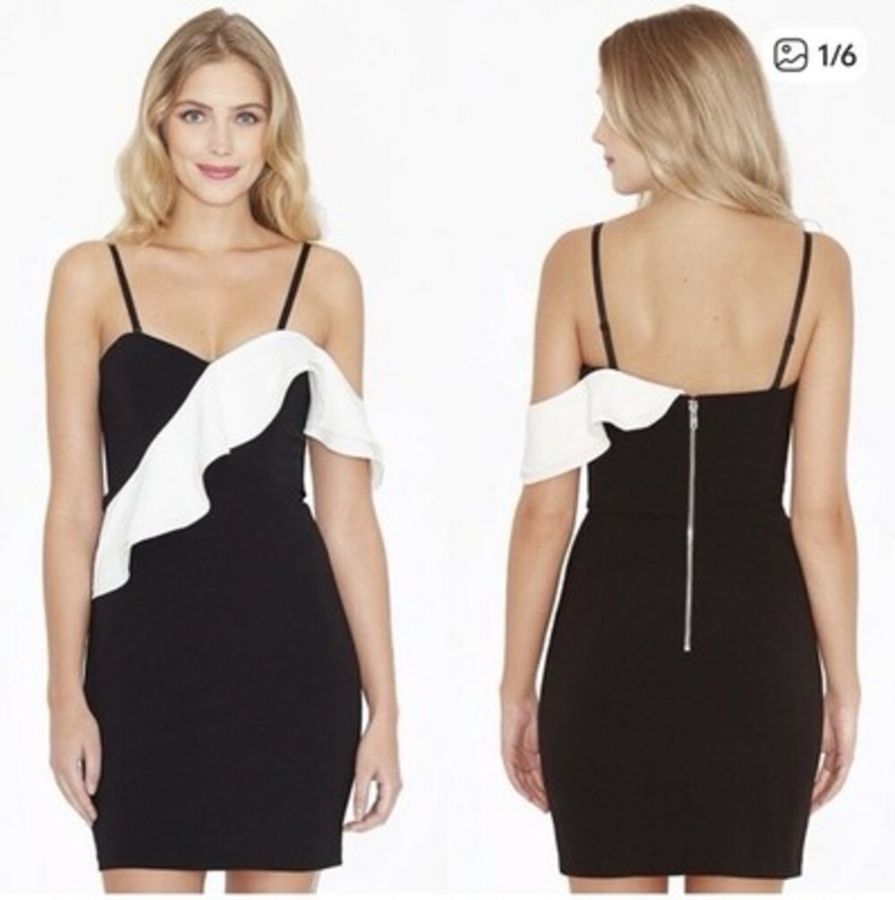 Parker Ruffled Strapless (Straped) Imani Black and White Cocktail Dress. Size S